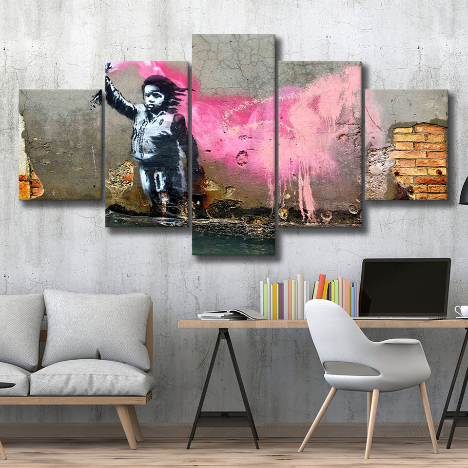 Banksy Migrant Child, Street Art 5 Panels, Canvas Prints Wall Art Decor, Large Canvas Art