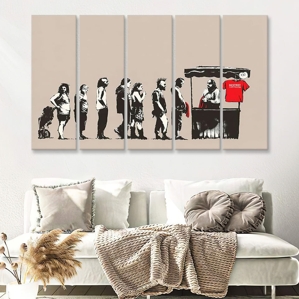Banksy Festival Destroy Capitalism 5 Pieces Canvas Prints Wall Art - Painting Canvas, Multi Panels, Wall Decor