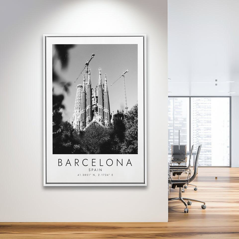Barcelona, Spain Black And White Art Framed Canvas Prints Wall Art Home Decor, Floating Frame