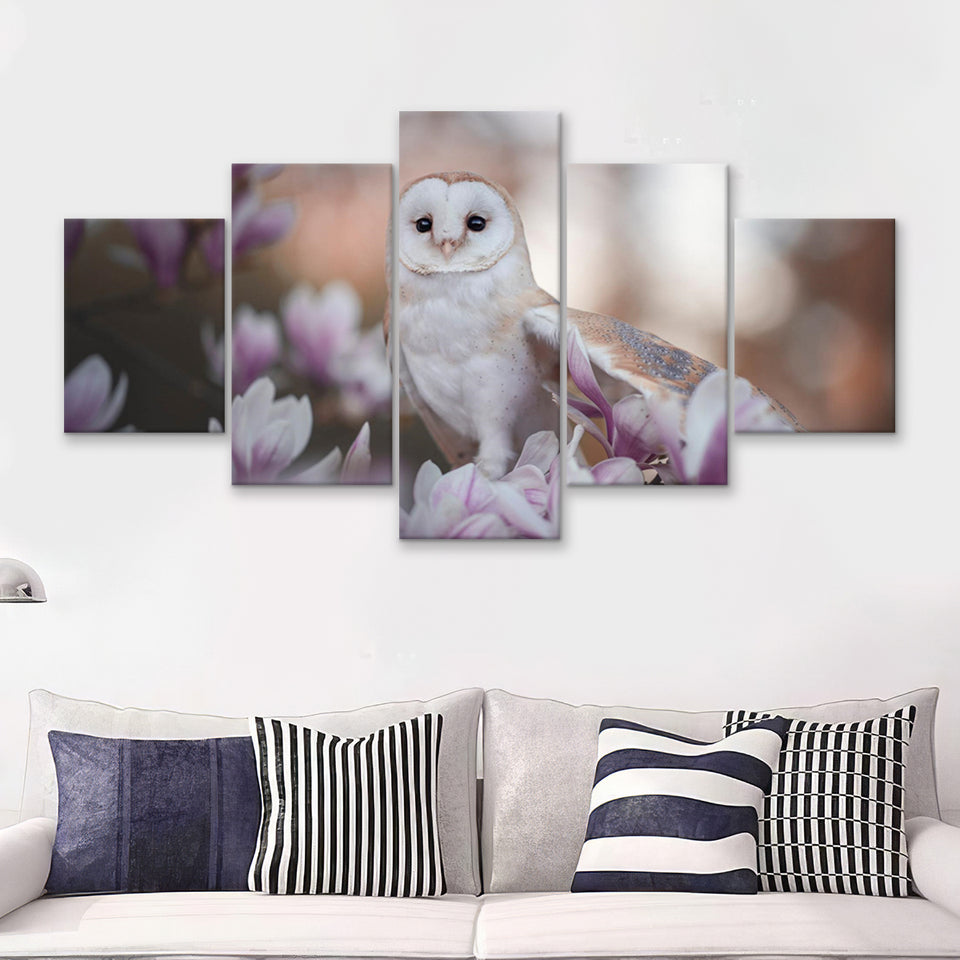 Barn Owl W Flowers  5 Pieces Canvas Prints Wall Art - Painting Canvas, Multi Panels, 5 Panel, Wall Decor
