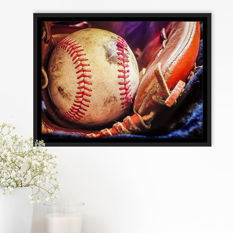 Baseball, Baseball Framed Canvas Prints Wall Art Decor, Black Floating Frame