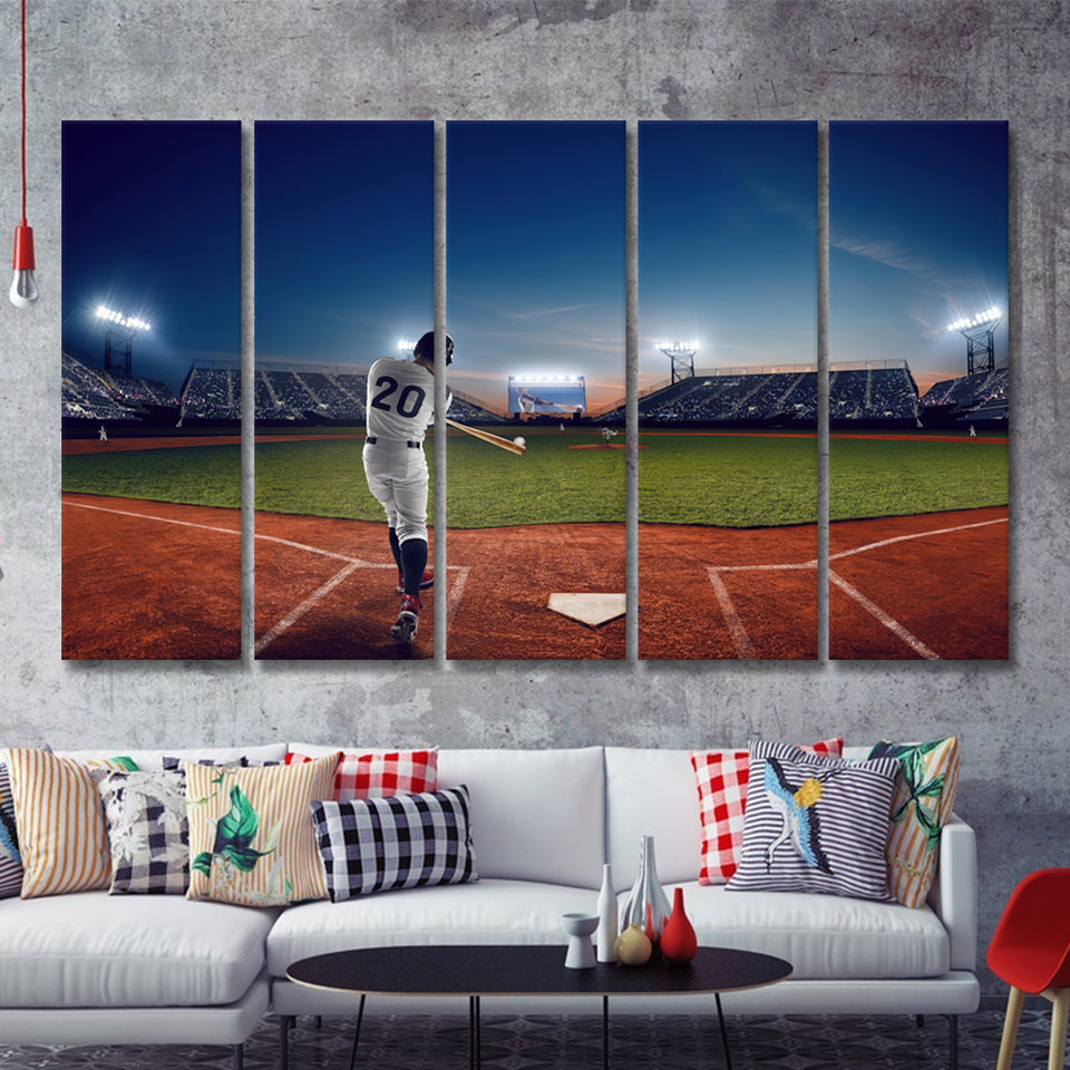 Baseball Player At Professional Baseball Stadium 5 Pieces Canvas Prints Wall Art Decor - Painting Canvas,Multi Panel,Painting Prints