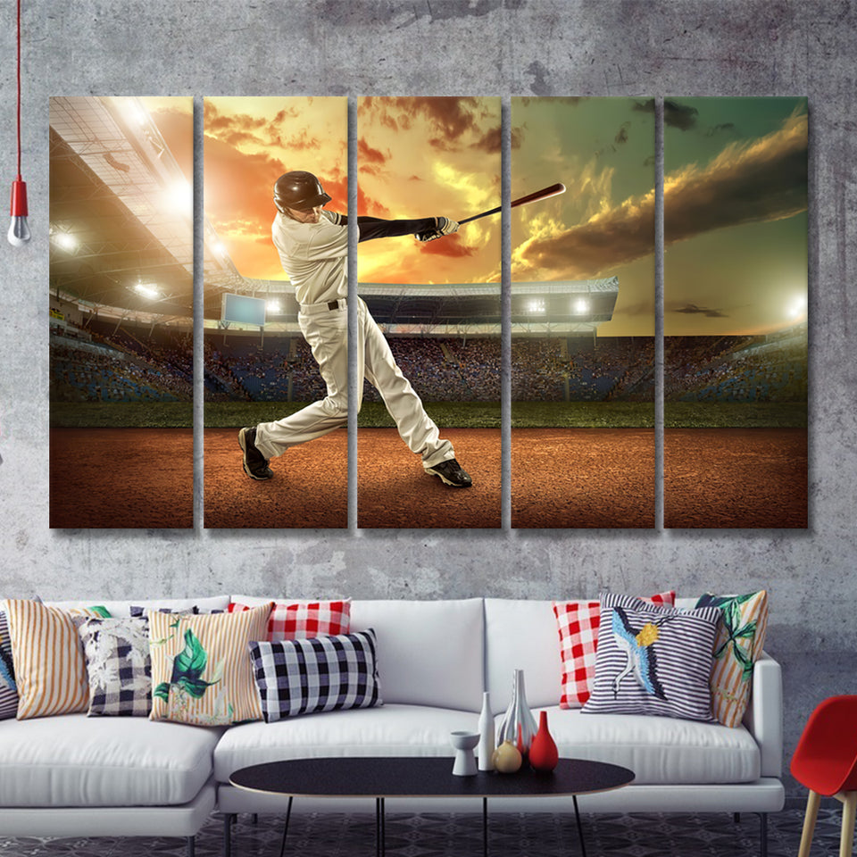 Baseball Players In Action On The Stadium 5 Pieces Canvas Prints Wall Art Decor - Painting Canvas,Multi Panel,Painting Prints,For Sale