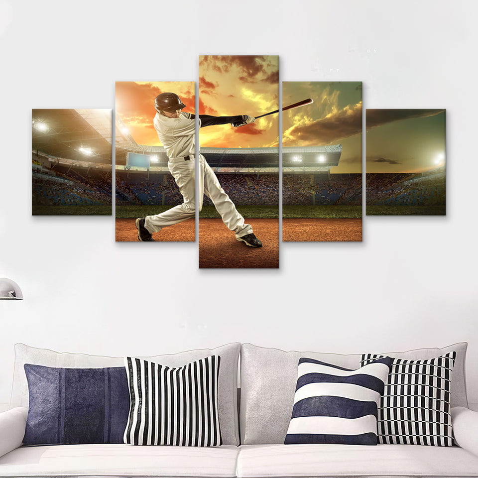 Baseball Players In Action On The Stadium  5 Pieces Canvas Prints Wall Art - Painting Canvas, Multi Panel, Home Wall Decor, For Sale
