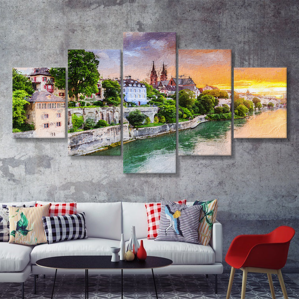 Basel City at Sunset Switzerland 5 Piece Canvas Prints Wall Art Decor - Painting Canvas, Multi Panels