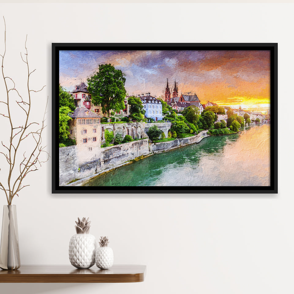 Basel City at Sunset Switzerland Framed Canvas Prints Wall Art Decor - Paiting Canvas, Art Prints, Floating Frame