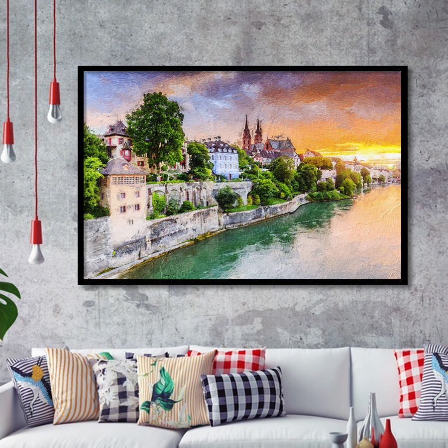 Basel City at Sunset Switzerland Framed Art Prints Wall Decor - Painting Prints, Framed Picture, Home Decor