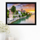 Basel City at Sunset Switzerland Framed Canvas Prints Wall Art Decor - Paiting Canvas, Art Prints, Floating Frame