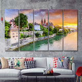 Basel City at Sunset Switzerland 5 Piece B Canvas Prints Wall Art Decor - Painting Canvas, Multi Panels