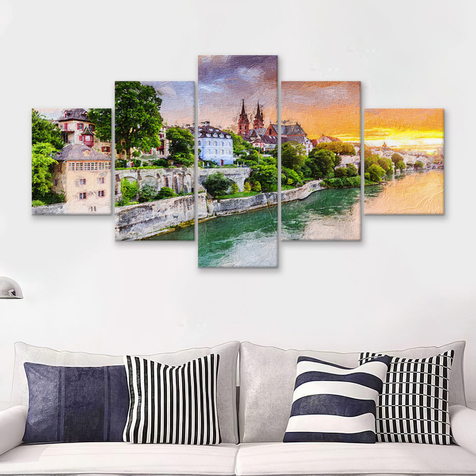 Basel City at Sunset Switzerland 5 Piece Canvas Prints Wall Art Decor - Painting Canvas, Multi Panels