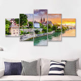 Basel City at Sunset Switzerland 5 Piece Canvas Prints Wall Art Decor - Painting Canvas, Multi Panels