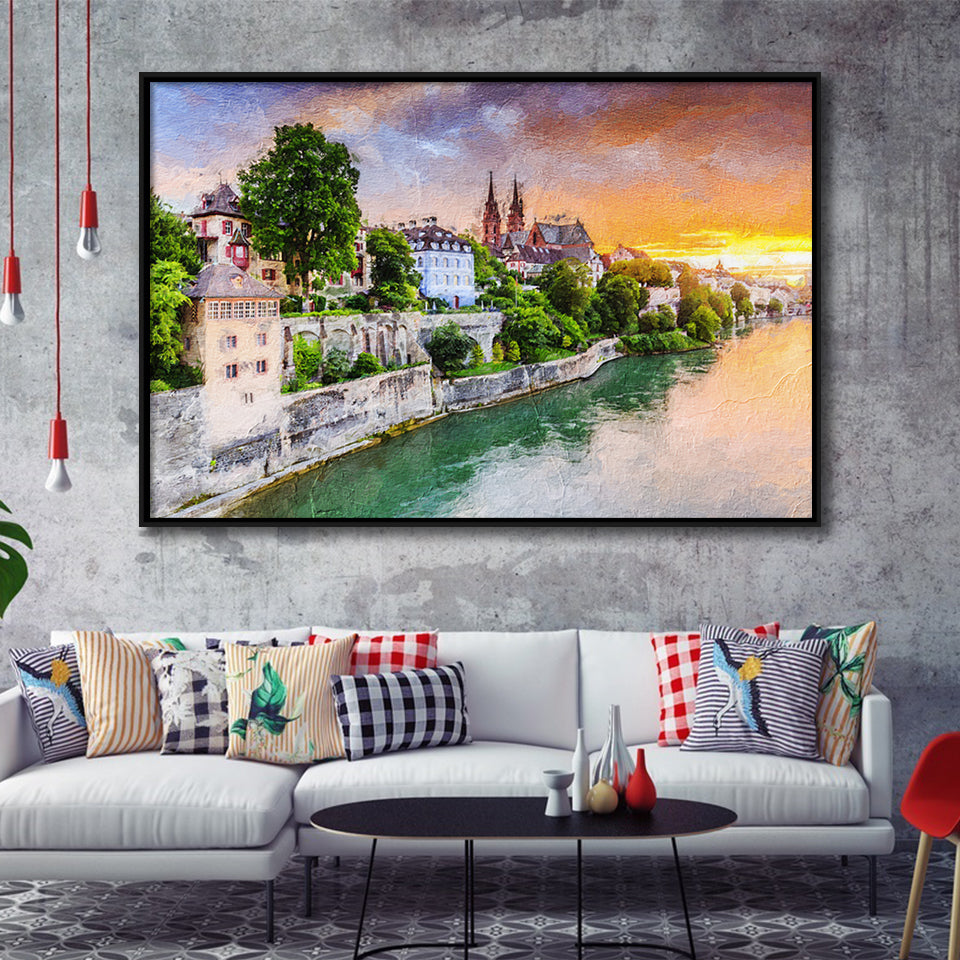Basel City at Sunset Switzerland Framed Canvas Prints Wall Art Decor - Paiting Canvas, Art Prints, Floating Frame