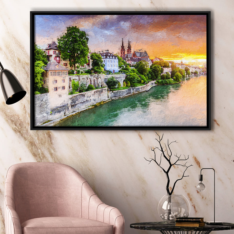 Basel City at Sunset Switzerland Framed Canvas Prints Wall Art Decor - Paiting Canvas, Art Prints, Floating Frame