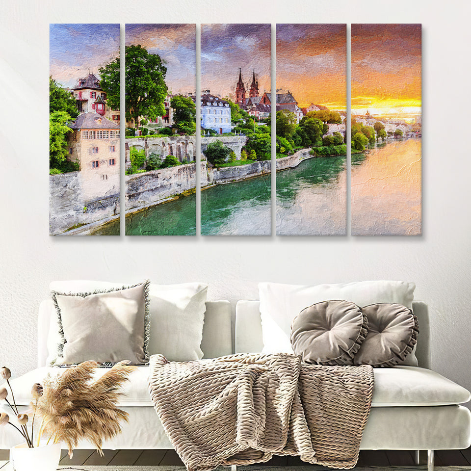 Basel City at Sunset Switzerland 5 Piece B Canvas Prints Wall Art Decor - Painting Canvas, Multi Panels