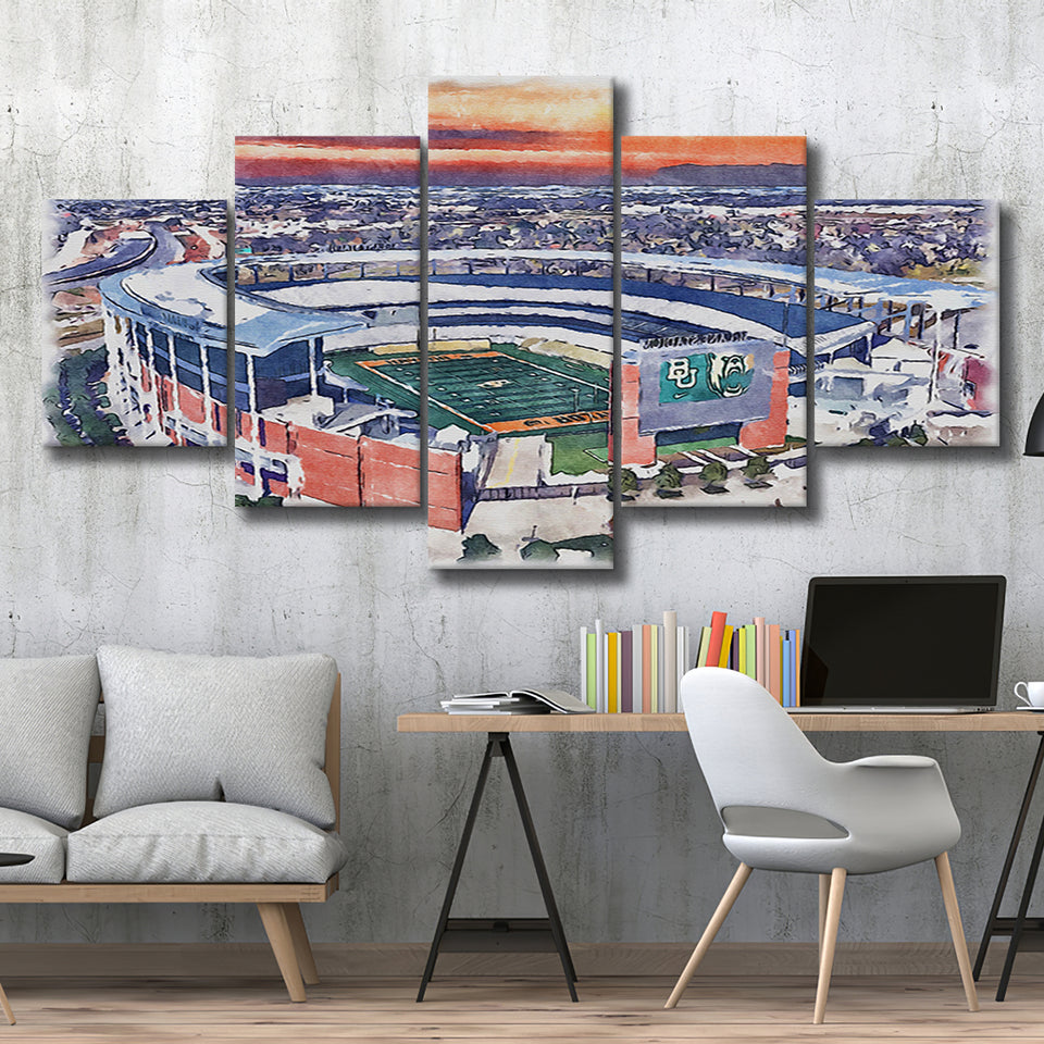 Baylor Bears McLane Stadium Watercolor, 5 Pieces, Multi Panel Canvas Prints Wall Art Decor
