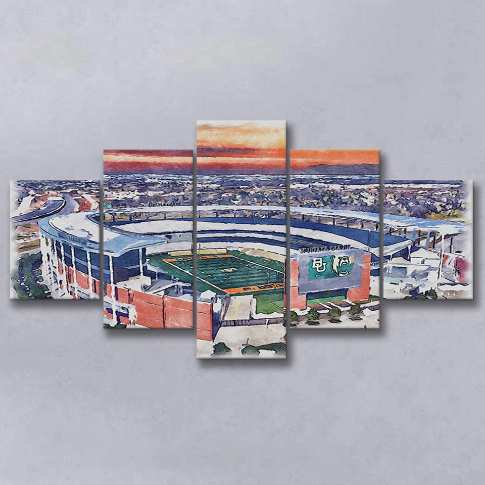 Baylor Bears McLane Stadium Watercolor, 5 Pieces, Multi Panel Canvas Prints Wall Art Decor