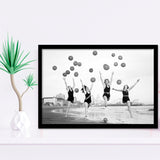 Beach Girls Balloon Black And White Print, Vintage Beach Style Framed Art Prints, Wall Art,Home Decor,Framed Picture