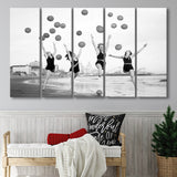 Beach Girls Balloon Black And White Print, Vintage Beach Style Larger Canvas Art, 5 Piece Canvas Prints Wall Art Decor