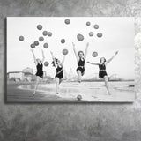 Beach Girls Balloon Black And White Print, Vintage Beach Style Canvas Prints Wall Art Home Decor