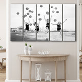 Beach Girls Balloon Black And White Print, Vintage Beach Style Larger Canvas Art, 5 Piece Canvas Prints Wall Art Decor