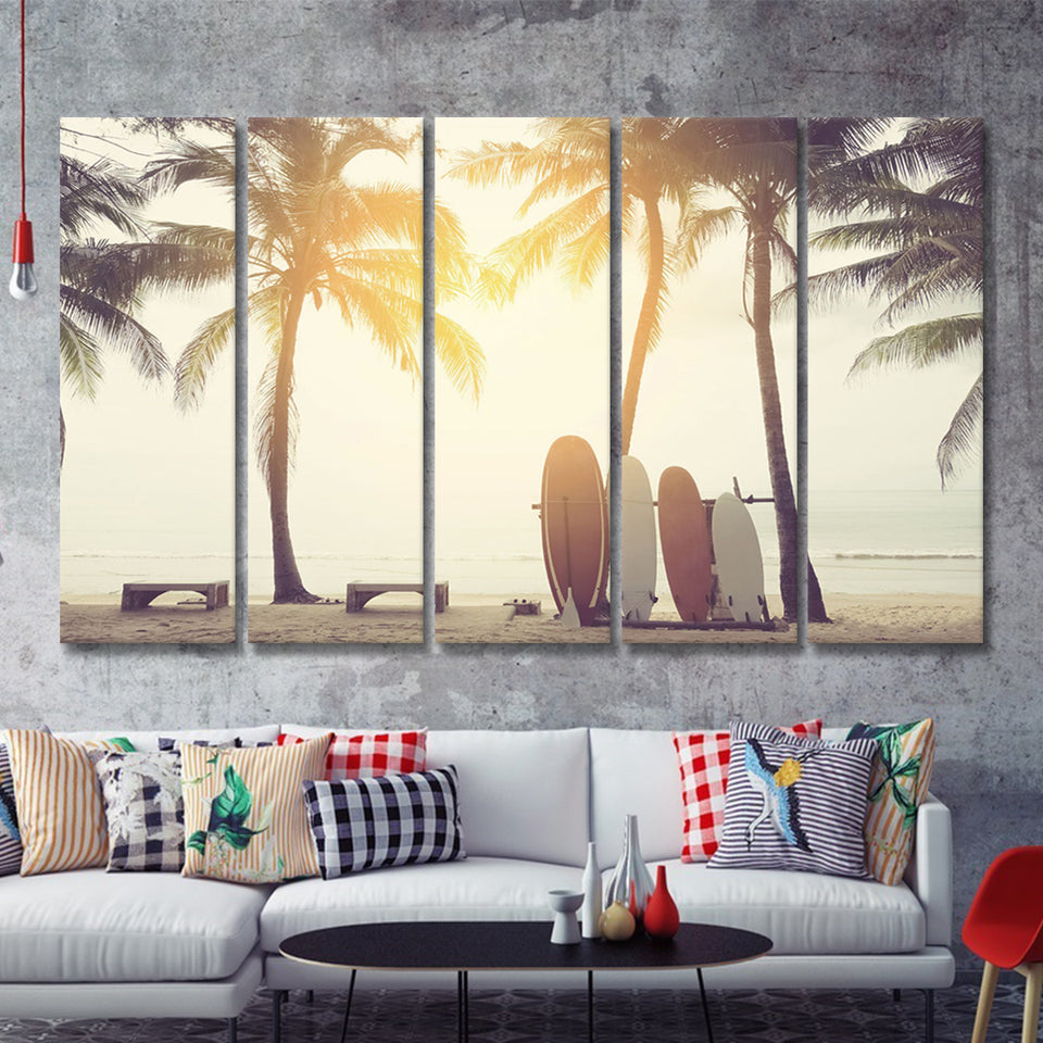 Beach Sunset Art Surfboards 5 Piece B Canvas Prints Wall Art Decor - Painting Canvas, Multi Panels