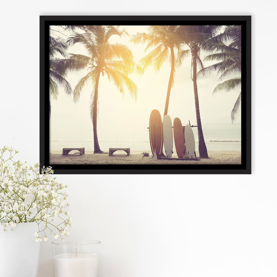 Beach Sunset Art Surfboards Framed Canvas Prints Wall Art Decor - Paiting Canvas, Art Prints, Floating Frame