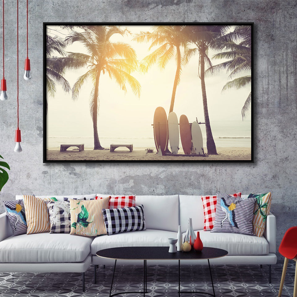 Beach Sunset Art Surfboards Framed Canvas Prints Wall Art Decor - Paiting Canvas, Art Prints, Floating Frame