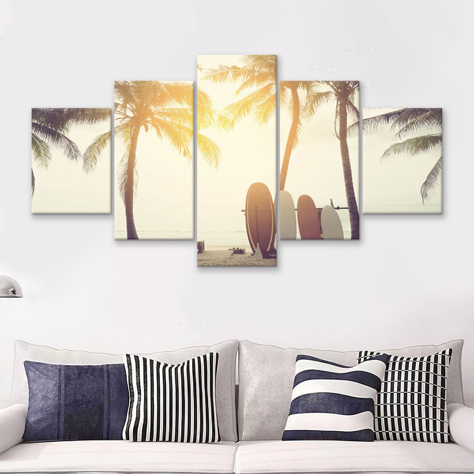 Beach Sunset Art Surfboards 5 Piece Canvas Prints Wall Art Decor - Painting Canvas, Multi Panels