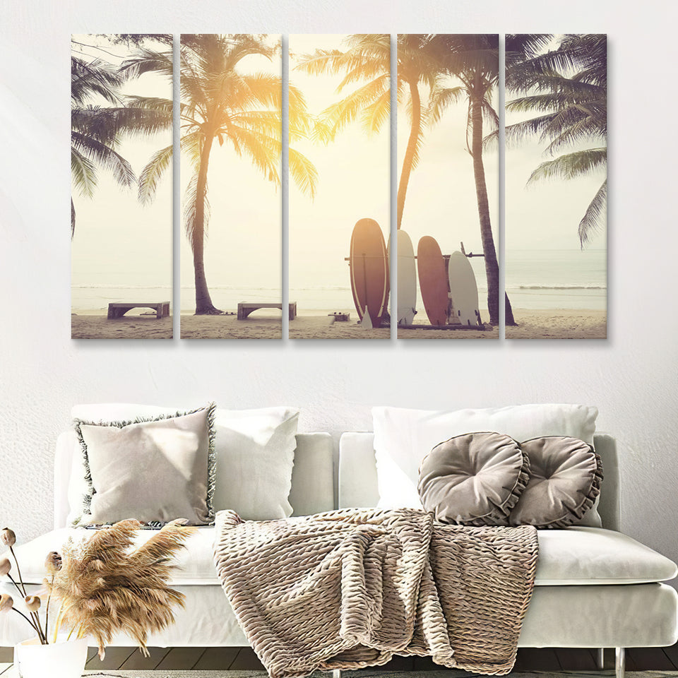 Beach Sunset Art Surfboards 5 Piece B Canvas Prints Wall Art Decor - Painting Canvas, Multi Panels