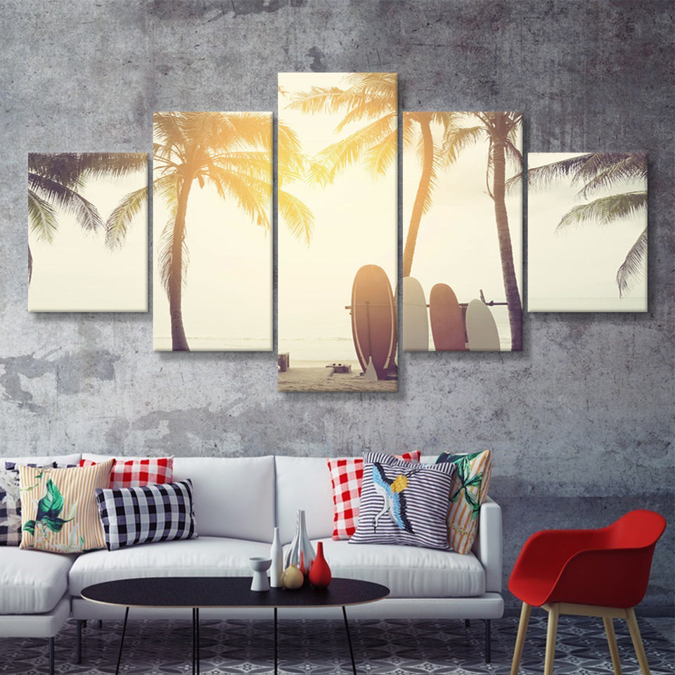 Beach Sunset Art Surfboards 5 Piece Canvas Prints Wall Art Decor - Painting Canvas, Multi Panels