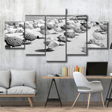 Beach Umbrellas Black And White Print, Vintage Beach Style 5 Panels, Canvas Prints Wall Art Decor, Large Canvas Art