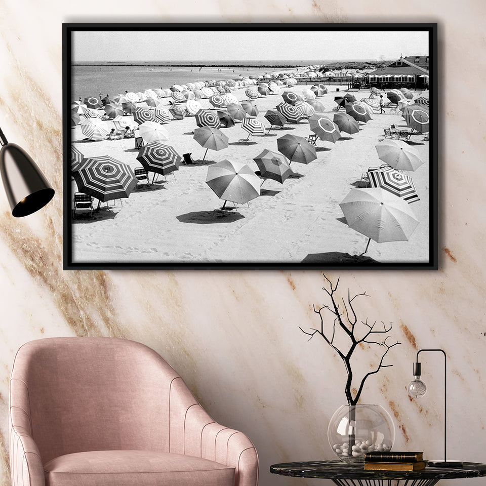 Beach Umbrellas Black And White Print, Vintage Beach Style Framed Canvas Prints Wall Art Home Decor,Floating Frame