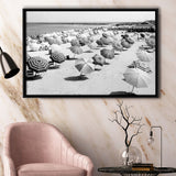 Beach Umbrellas Black And White Print, Vintage Beach Style Framed Canvas Prints Wall Art Home Decor,Floating Frame