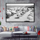 Beach Umbrellas Black And White Print, Vintage Beach Style Framed Canvas Prints Wall Art Home Decor,Floating Frame