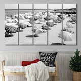 Beach Umbrellas Black And White Print, Vintage Beach Style Larger Canvas Art, 5 Piece Canvas Prints Wall Art Decor