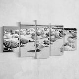 Beach Umbrellas Black And White Print, Vintage Beach Style 5 Panels, Canvas Prints Wall Art Decor, Large Canvas Art