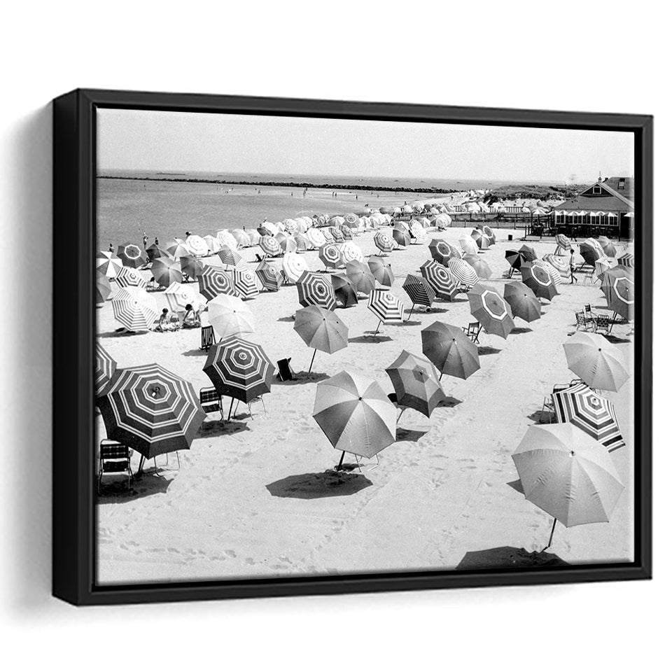 Beach Umbrellas Black And White Print, Vintage Beach Style Framed Canvas Prints Wall Art Home Decor,Floating Frame