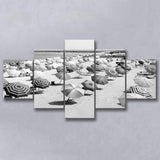 Beach Umbrellas Black And White Print, Vintage Beach Style 5 Panels, Canvas Prints Wall Art Decor, Large Canvas Art