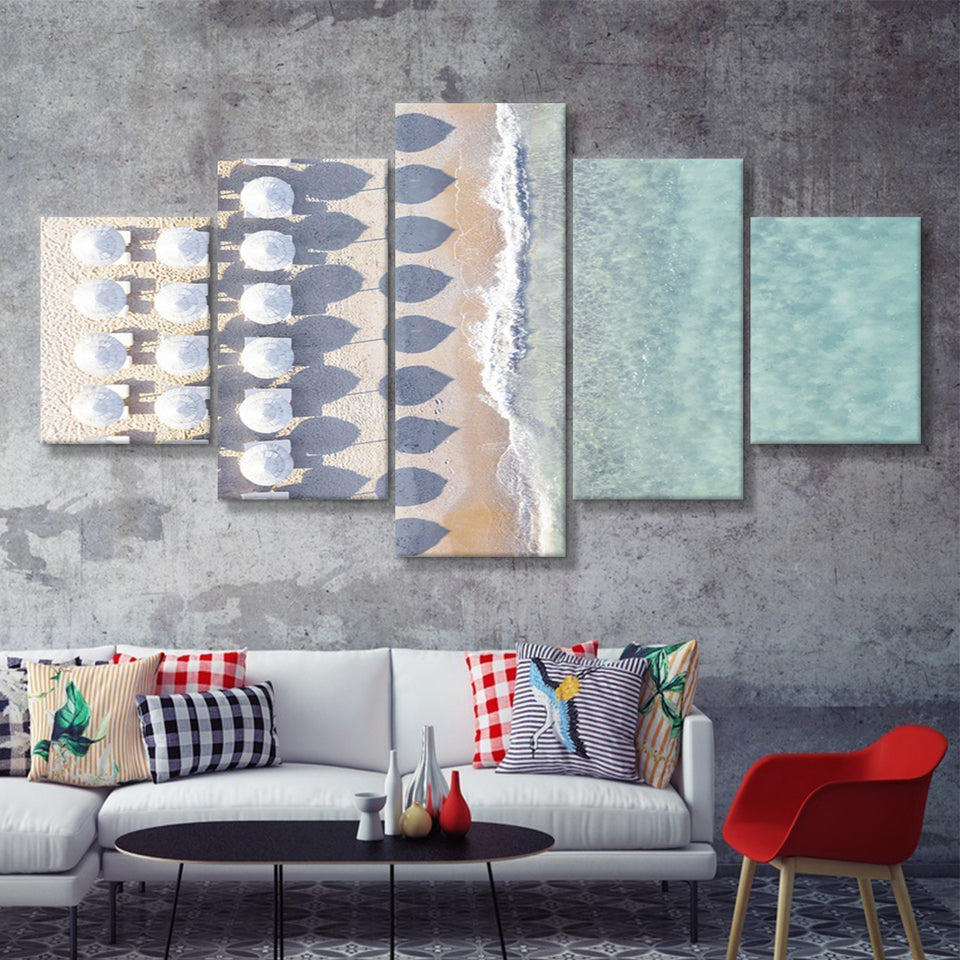 Beach With Umbrellas Painting Beach Fashion Interior 5 Piece Canvas Prints Wall Art Decor - Painting Canvas, Multi Panels
