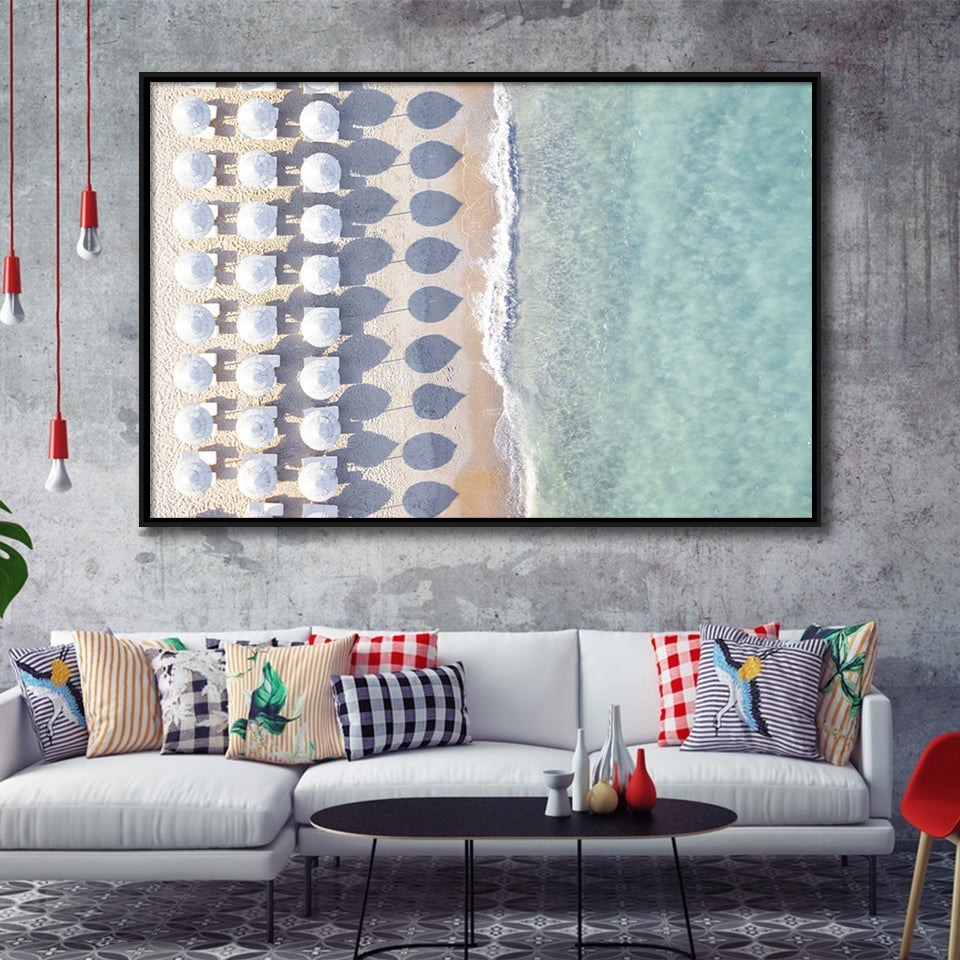 Beach With Umbrellas Painting Beach Fashion Interior Framed Canvas Prints Wall Art Decor - Paiting Canvas, Art Prints, Floating Frame