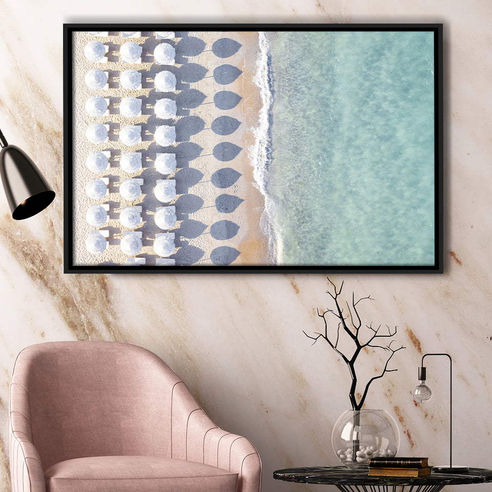 Beach With Umbrellas Painting Beach Fashion Interior Framed Canvas Prints Wall Art Decor - Paiting Canvas, Art Prints, Floating Frame