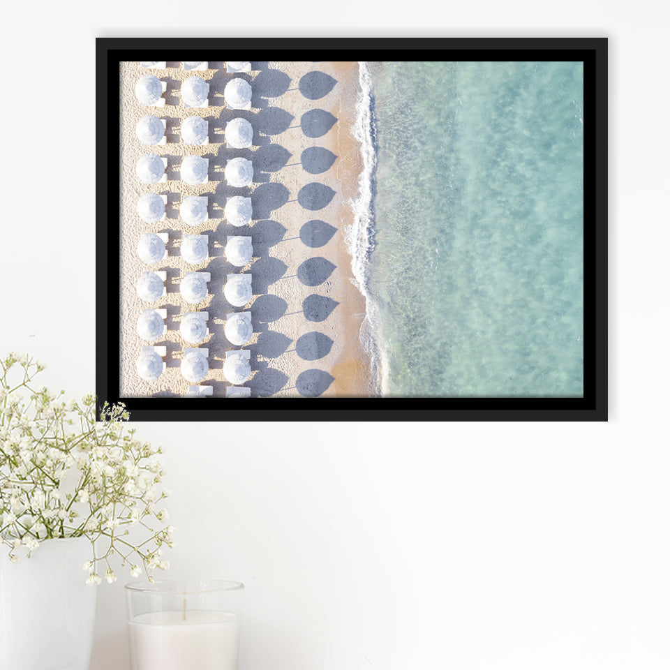 Beach With Umbrellas Painting Beach Fashion Interior Framed Canvas Prints Wall Art Decor - Paiting Canvas, Art Prints, Floating Frame