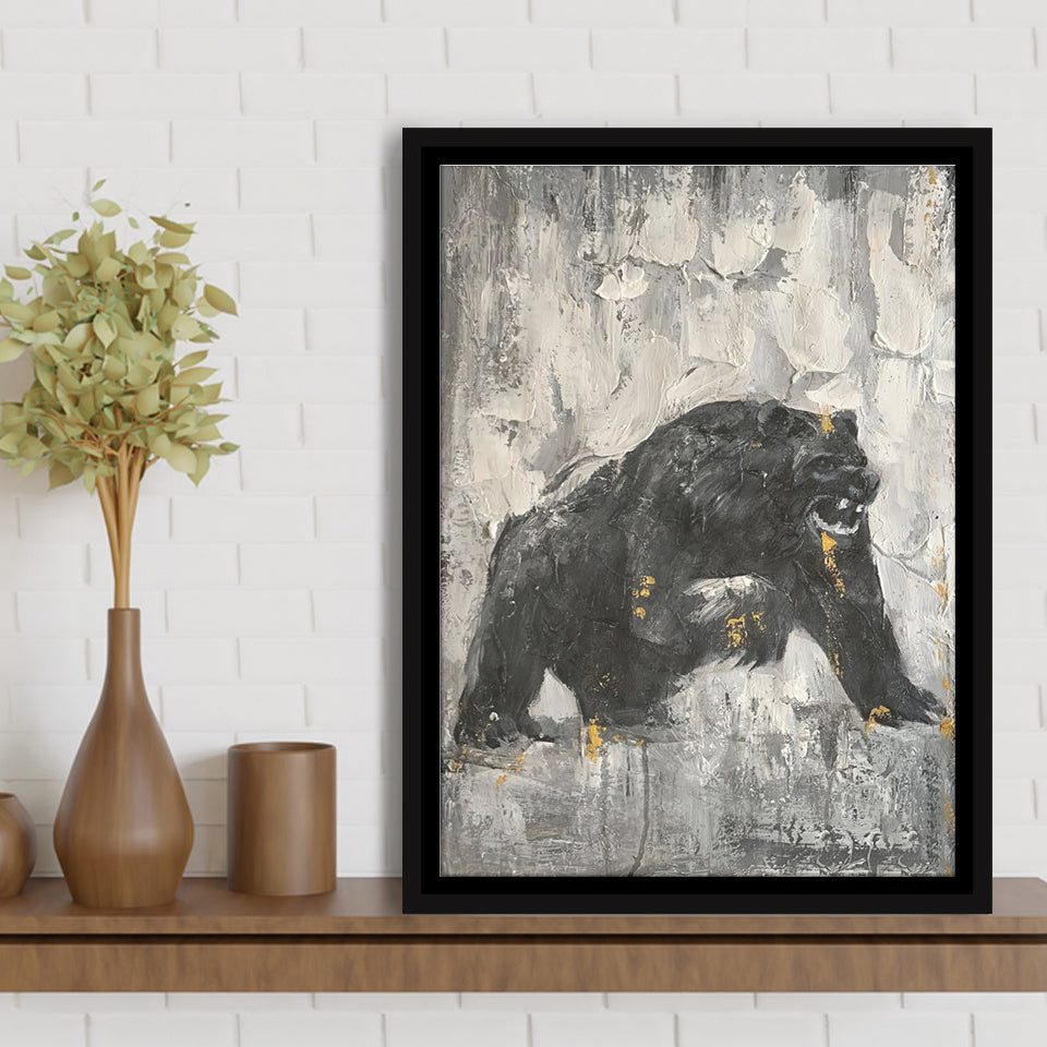 Bear Abstract Painting Black And White Framed Canvas Prints Wall Art - Painting Canvas, Floating Frame, Wall Decor