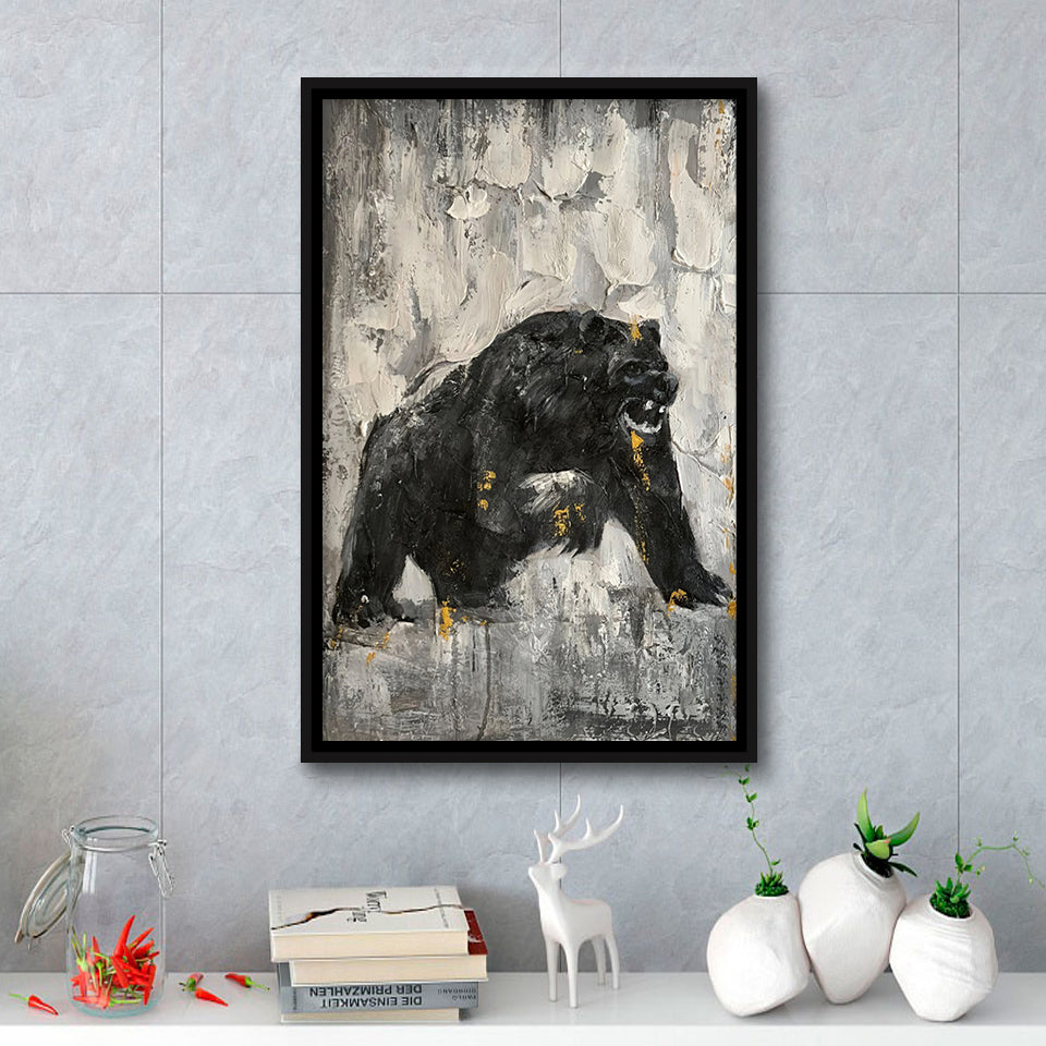 Bear Abstract Painting Black And White Framed Canvas Prints Wall Art - Painting Canvas, Floating Frame, Wall Decor