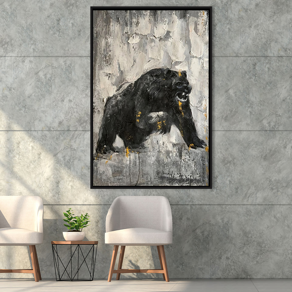 Bear Abstract Painting Black And White Framed Canvas Prints Wall Art - Painting Canvas, Floating Frame, Wall Decor