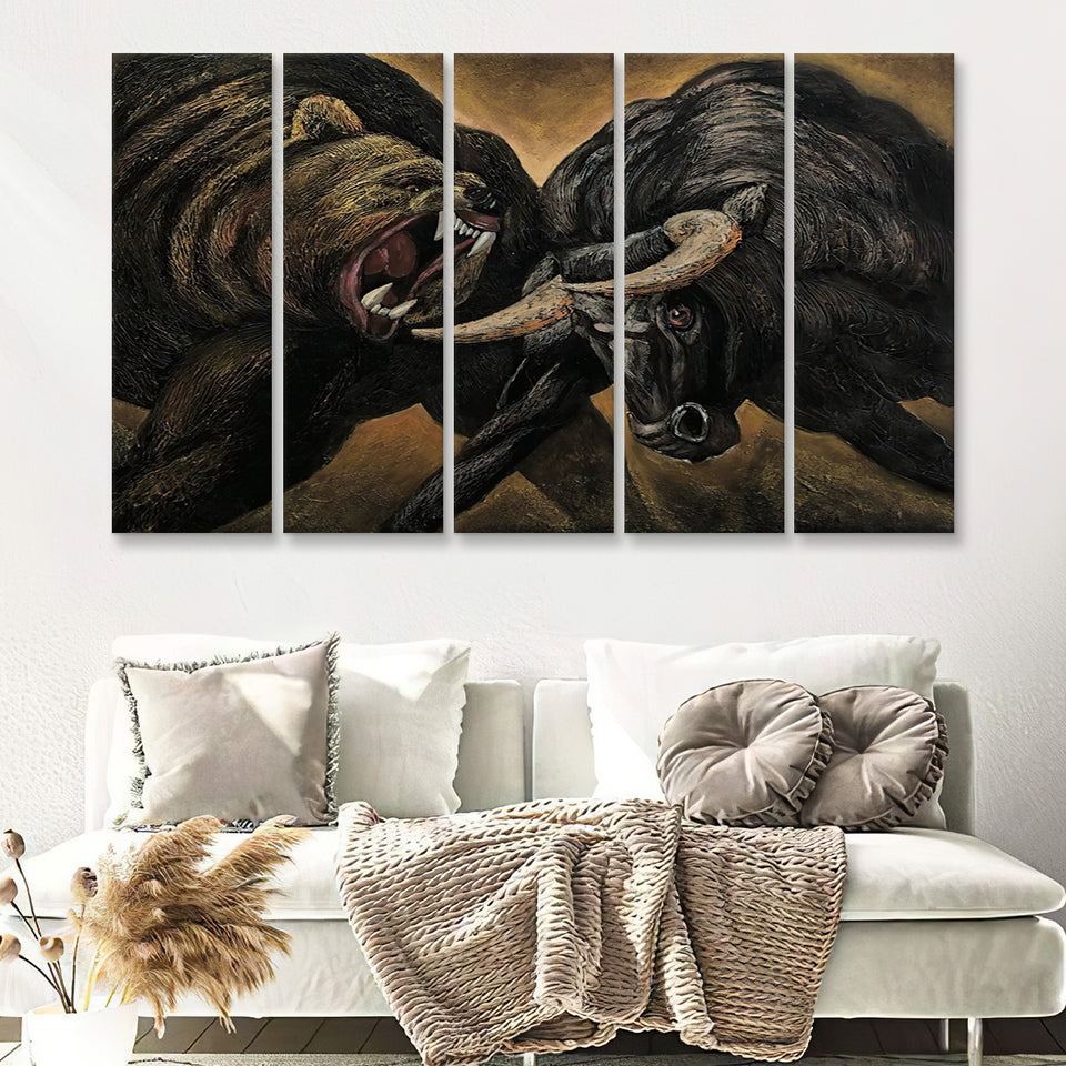 Bear And Bull Stock Market Artwork Office Decor 5 Pieces B Canvas Prints Wall Art - Painting Canvas, Multi Panels, Wall Decor