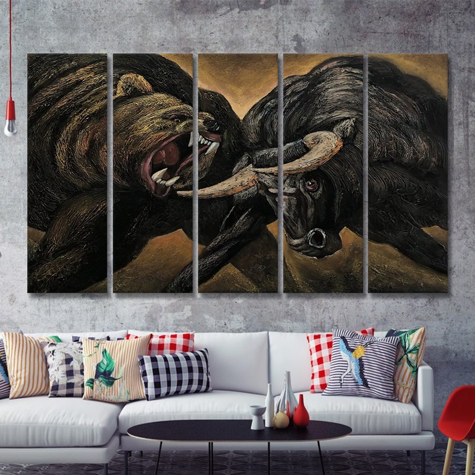 Bear And Bull Stock Market Artwork Office Decor 5 Pieces B Canvas Prints Wall Art - Painting Canvas, Multi Panels, Wall Decor