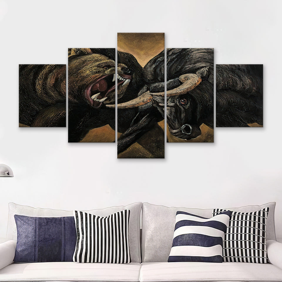 Bear And Bull Stock Market Artwork Office Decor 5 Pieces Canvas Prints Wall Art - Painting Canvas, Multi Panels, Wall Decor