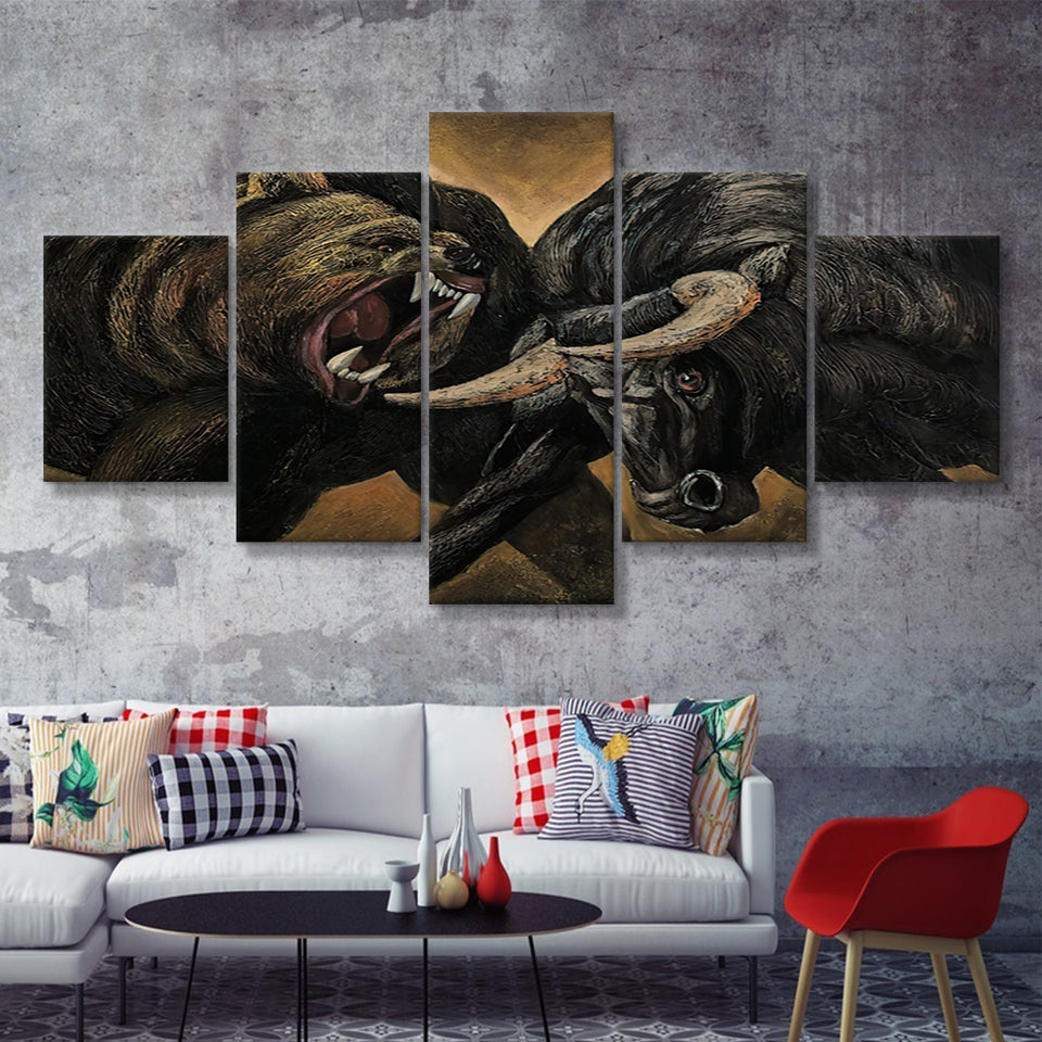 Bear And Bull Stock Market Artwork Office Decor 5 Pieces Canvas Prints Wall Art - Painting Canvas, Multi Panels, Wall Decor
