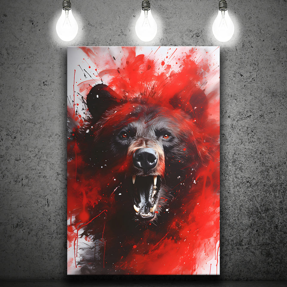 Bear Portrait Red And Black Canvas Prints Wall Art Home Decor, Painting Canvas, Living Room Wall Decor